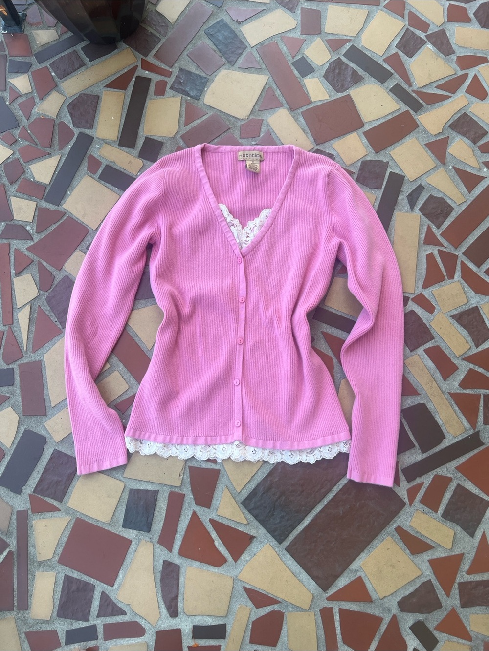 Notations Pink V-Neck Lace-Trim Button Cardigan